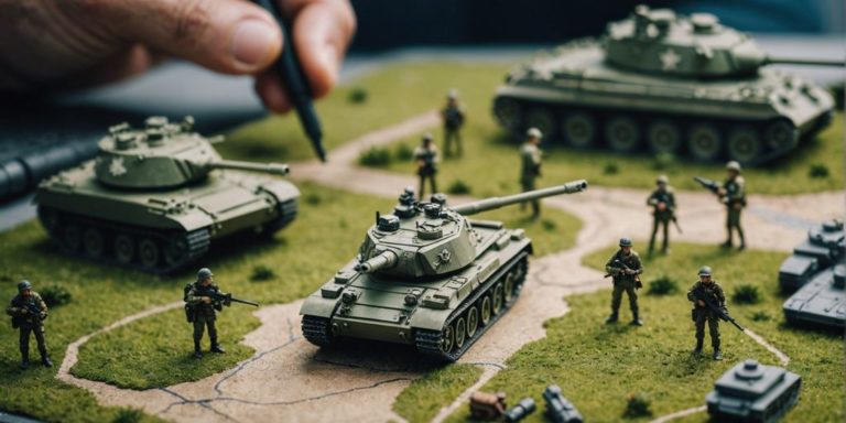 Wargame enthusiasts planning tactics with miniature tanks on map.