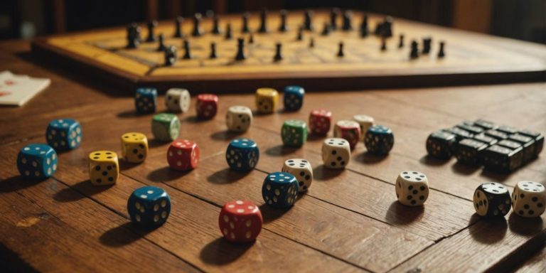 Ancient board games with dice on a wooden table.